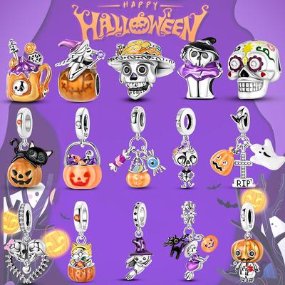 Halloween Series Charms Bead Copper Luminous Pumpkin Skull Witch Black Cat Fit Bangle Bracelet Necklace Diy Jewelry