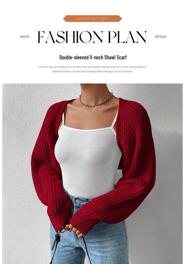 European & American Double Sleeve Off-the-Shoulder V-Neck Knit Scarf for Women
