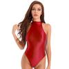 Womens Sleeveless Mock Neck Bodysuit Back Zipper Closure Glossy Leotard Swimwear Stretchy Dance Performance Outfit