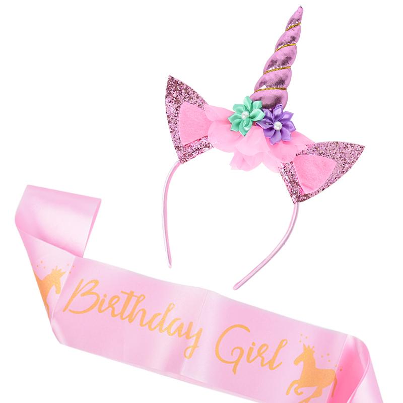 Unicorn Horn Headband Birthday Girl Sash Satin for Girl 1st Birthday Party Decoration Unicorn Theme Party Hair Band Baby Shower