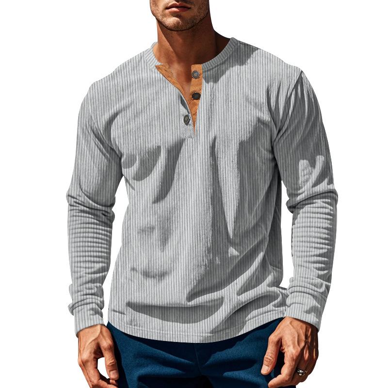 Neues Herren T-Shirt Langarm Basis Vier Knopf Cord Slim Herrenhemd