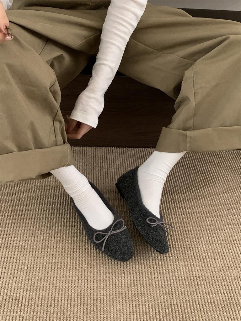 Late evening wind bow velvet Mary Jane shoes 2025 autumn and winter new soft-soled fluffy shoes warm Doudou single shoes