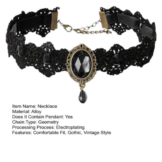 Vintage krajkový náhrdelník Gotický choker s oválným umělým drahokamem Dámský krajkový choker pro Cosplay Denní nošení Kostýmové večírky