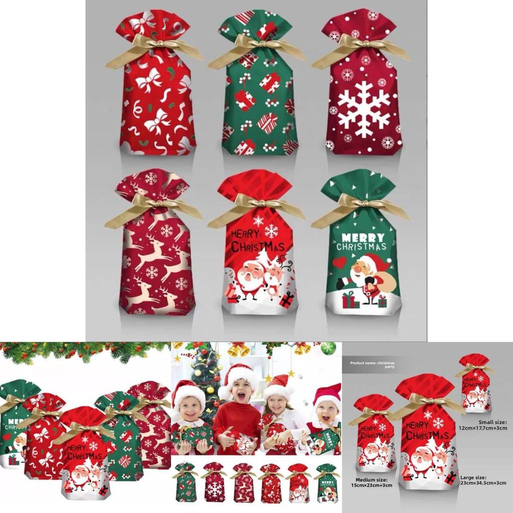 Christmas Gift Packaging Bags With Drawstring Ribbon Santa Print For Events