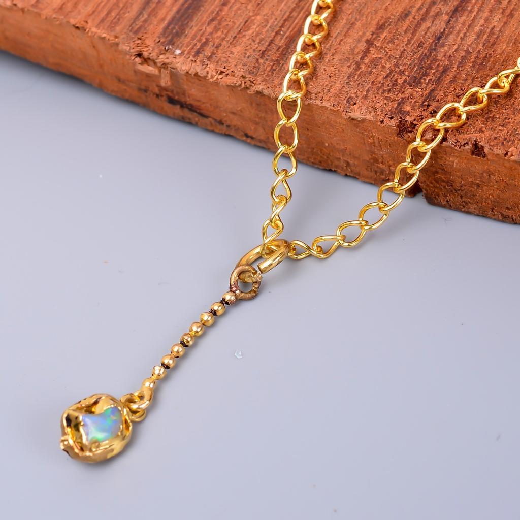 Fancy Natural Ethiopian Opal Chain Electroformed Necklace Jewelry Gold Finish V-81