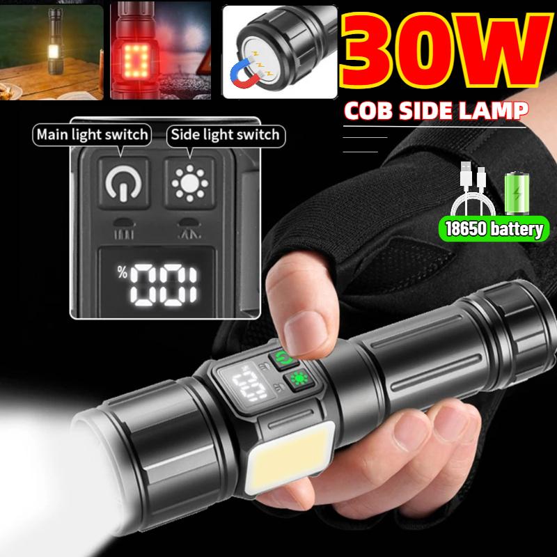 30W LED Flash Light 2000 High Lumens Handheld Flashlight with COB Light Work Light for Home Camping Hiking Emergency