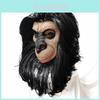 Latex masker met lange haren en apenkop, zwart, voor Halloweenkostuums en rollenspellen.