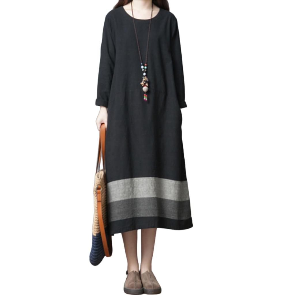 JINJUDUO Long Loose Midi Color Relaxed Sizes Office Fall Women's Cotton-Linen Dress, Sleeve, A-Line, Fit, Length, Block, Design, M-2XL, Slimming,