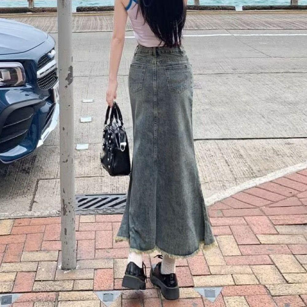 Retro Denim Skirt Women Solid Color A-line Half Dress Fashion Hairy Fishtail Skirt  Girl