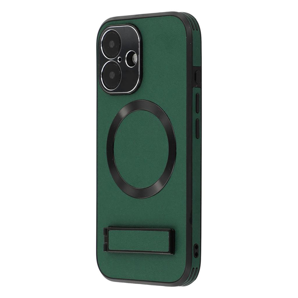 For iPhone 16 Kickstand Case Compatible with MagSafe PC+TPU+PU Phone Back Cover