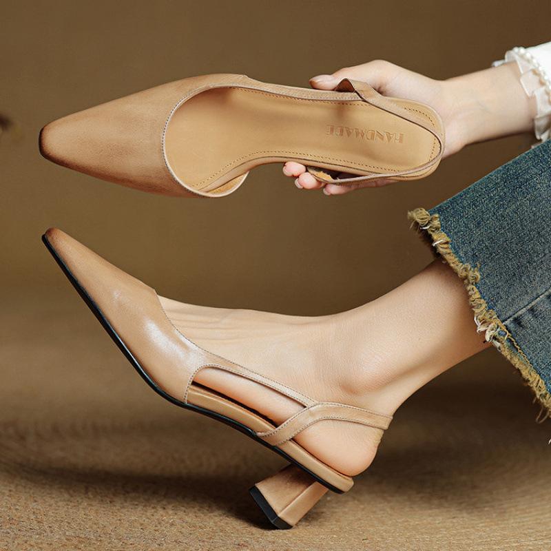 Summer beef tendon soft sole large size shoes casual bag head sandals leather casual solid color pointed new empty sandals women