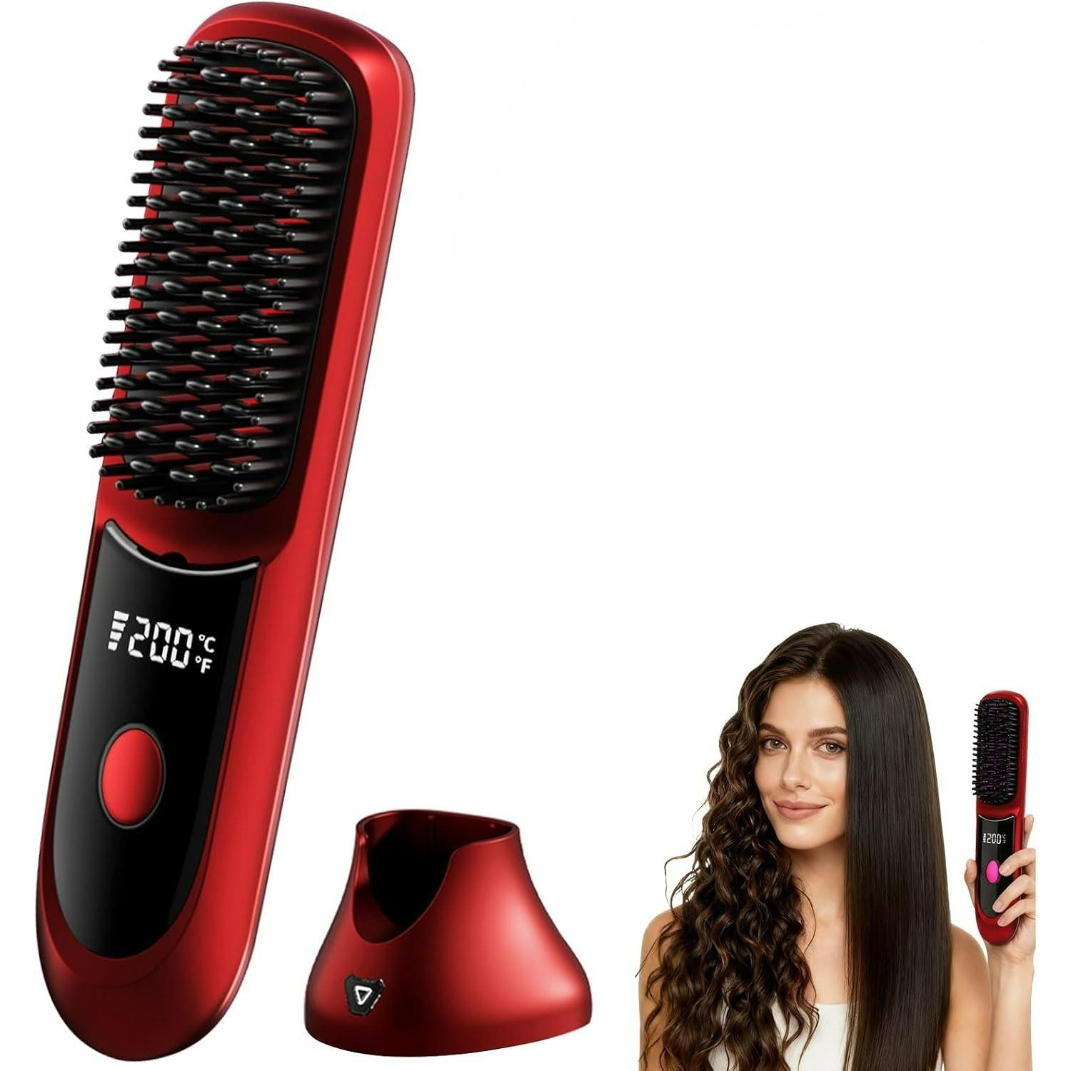 Hair Straightener,Cordless Hair Straightening Brush Portable Cordless Comb with Base Negative Ion Rechargeable Brush, 6400mAh Fast Heating чёрный/красный