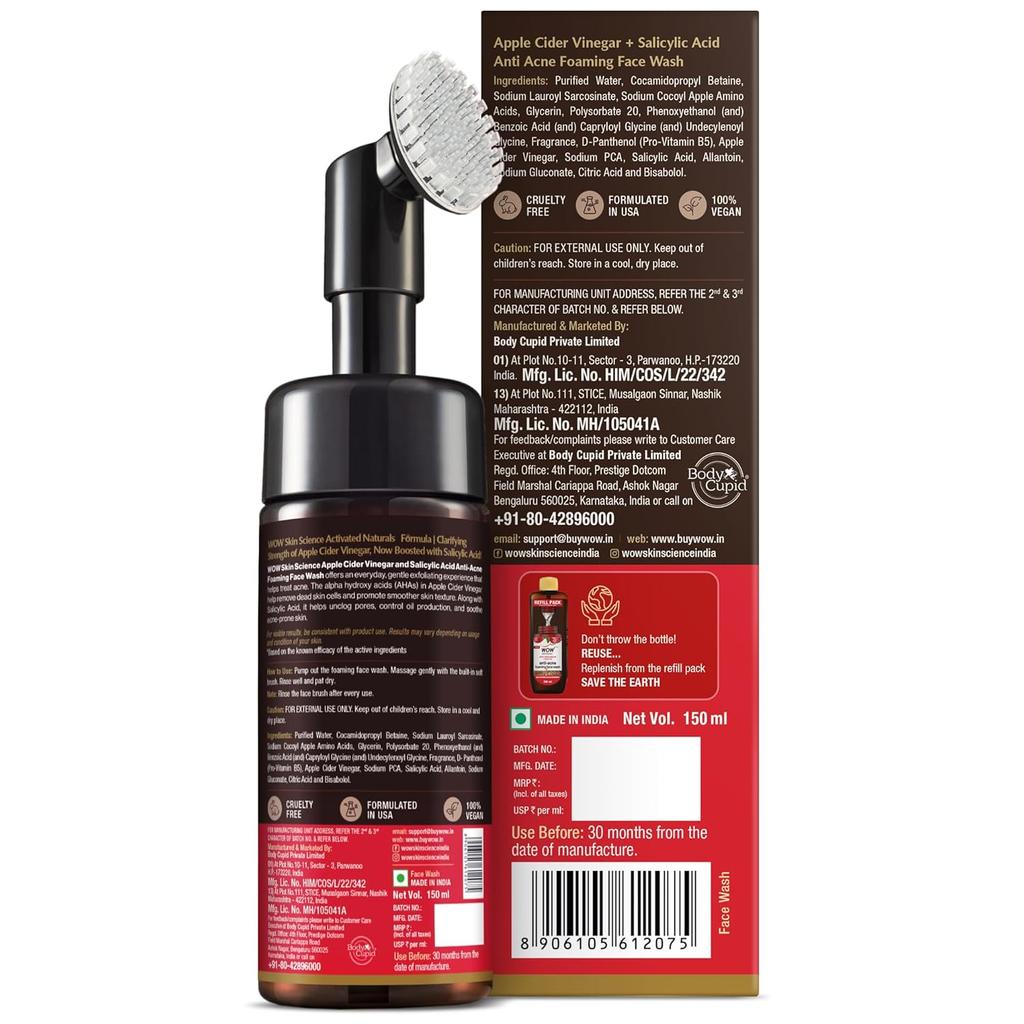 WOW skin Science Apple Cider Vinegar Foaming Face Wash, 150 Ml