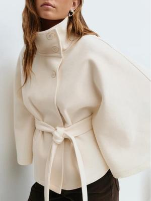 2025 Damen einfarbiger Umhang-Trenchcoat mit Stehkragen und Gürtel für Herbst und Winter