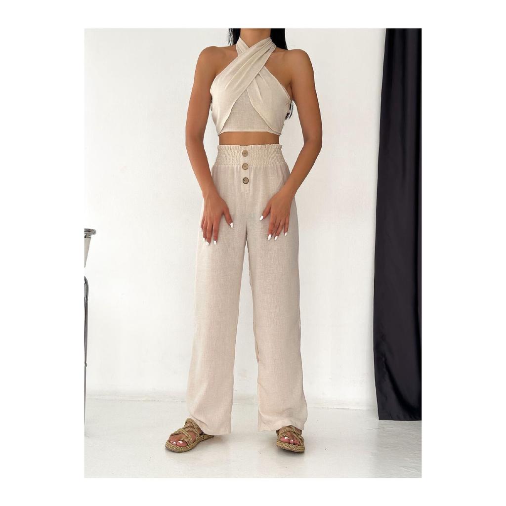 New Season High Waist Button Detailed Elastic Waist Linen Black Palazzo Trousers