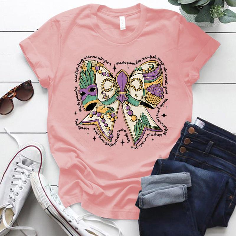 Mardi Gras Coquette Bow Design Tshirt Women Mardi Gras Vibes Vintage T Shirt Crew Neck Fat Tuesday Carnival Bow Shirt for Women