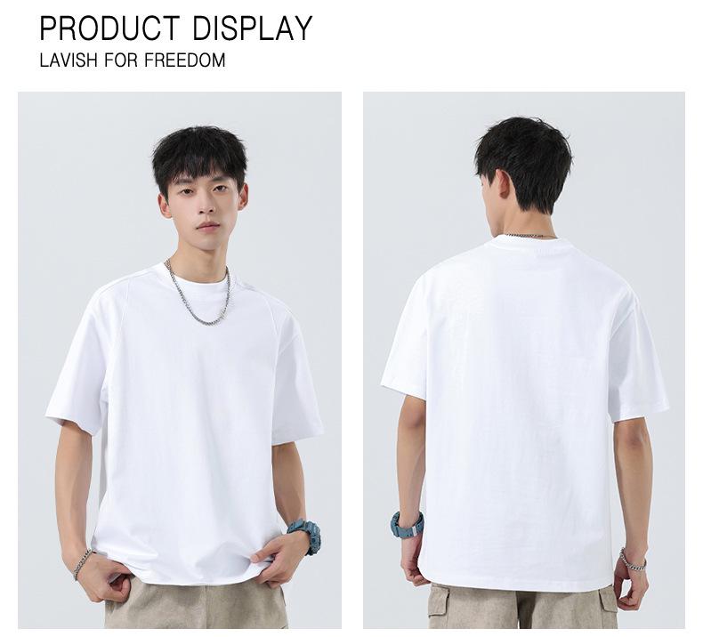 Men's Heavyweight Crew Neck Pure Cotton Patchwork T-shirt - Summer American Style