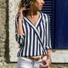 Casual Loose V-neck Striped Chiffon Long-Sleeved Women's Pullover Shirt