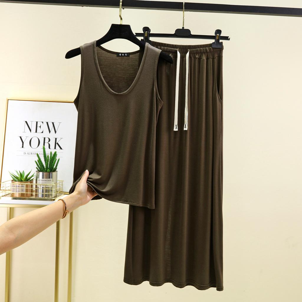 Modal Tanktops mit tiefem U-Ausschnitt und langer Rock Einfarbig Homewear 2-teiliges Set Locker Lässige Kleidersets Damen-Set