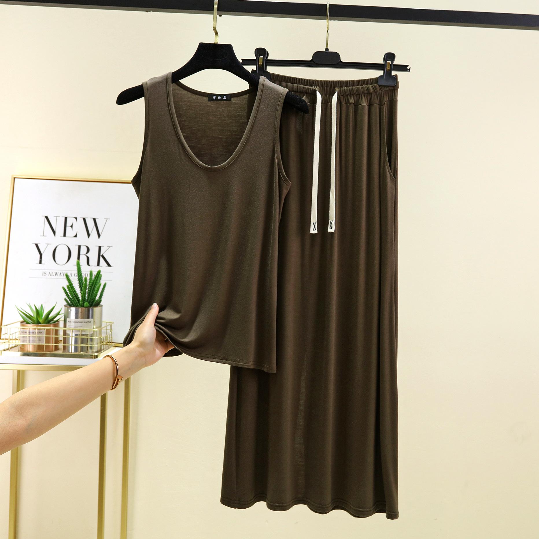 

Модальные топы с глубоким U-образным вырезом и длинная юбка, однотонная домашняя одежда, комплект из 2 предметов, свободные повседневные платья, комплекты для женщин 2XL