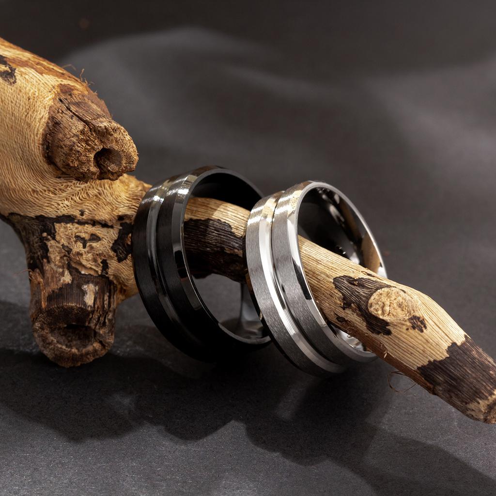 Men's Wedding Ring with Black Groove Beveled Edge Fashion Engagement Ring for Men Suitable for Festival