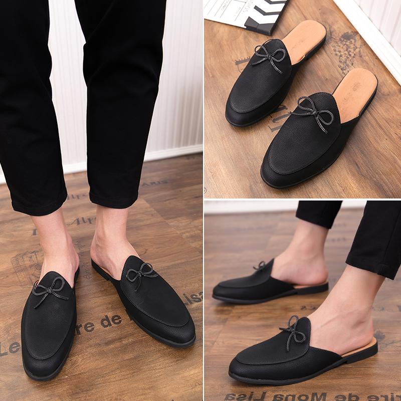 Fashion Men Fashion Half Slippers Black One Step Casual Comfortable Outdoor Slippers Men Business Office Small Leather Shoes Size 38-44