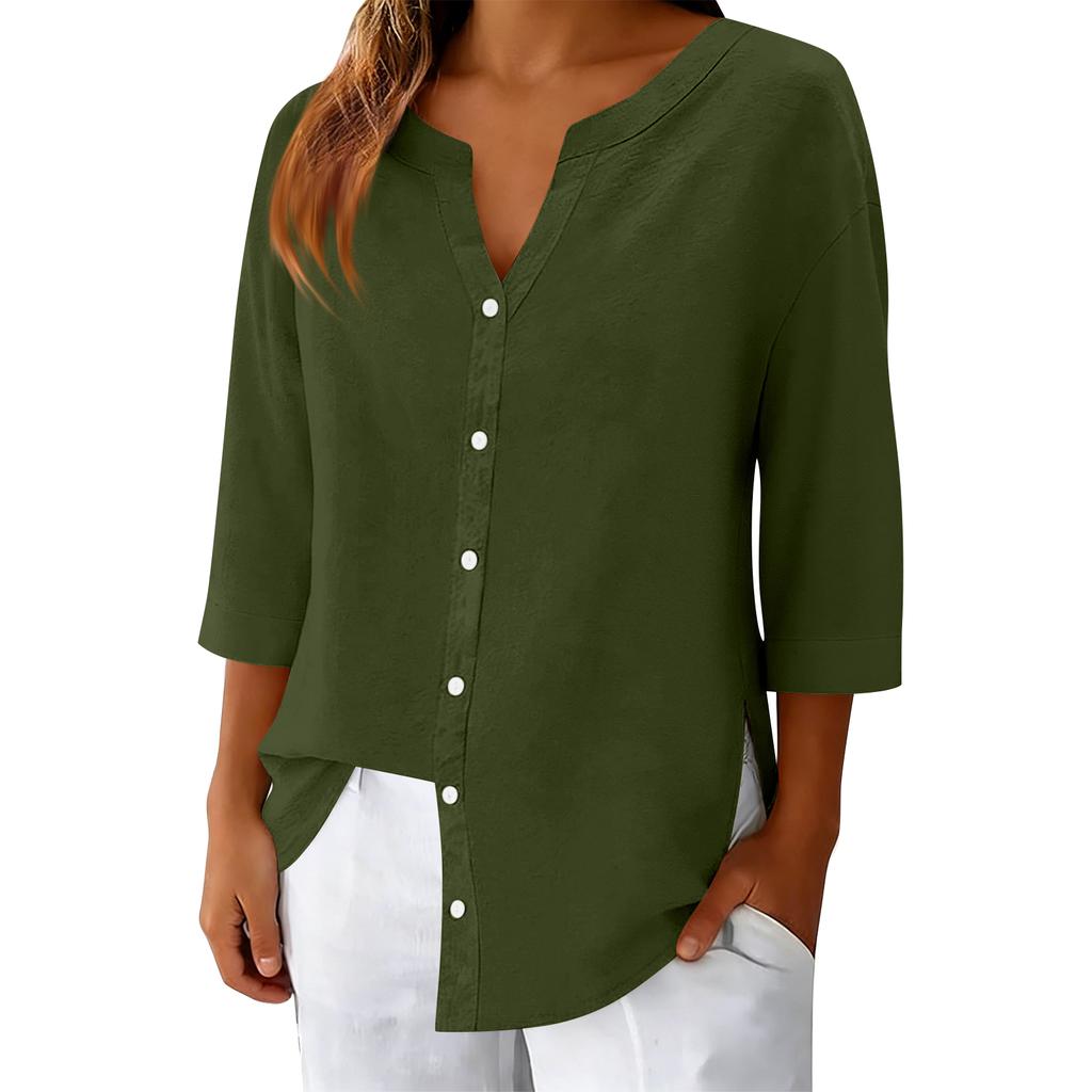 Women's 3/4 Sleeve Button Up Shirt V Neck Dressy Casual Summer Blouses Business Tops Work Collared Shirts