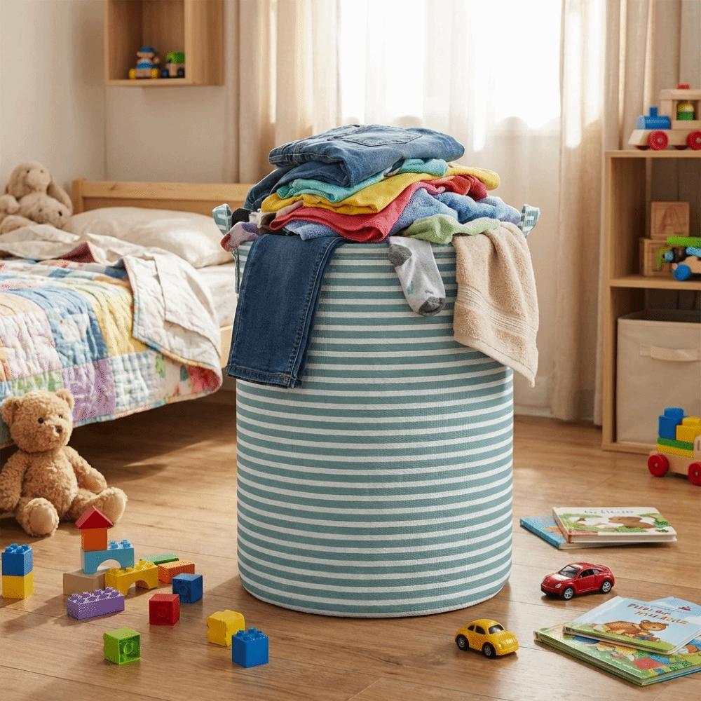 Folding Striped Laundry Basket Large Capacity Sundries Storage Basket Toys Organizers  Bathroom