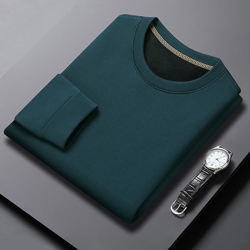 Autumn And Winter Velvet Thickened Crew Neck Sweater Men'S Pineapple Grid Solid Color Warm T-Shirt Casual Versatile Bottoming Shirt