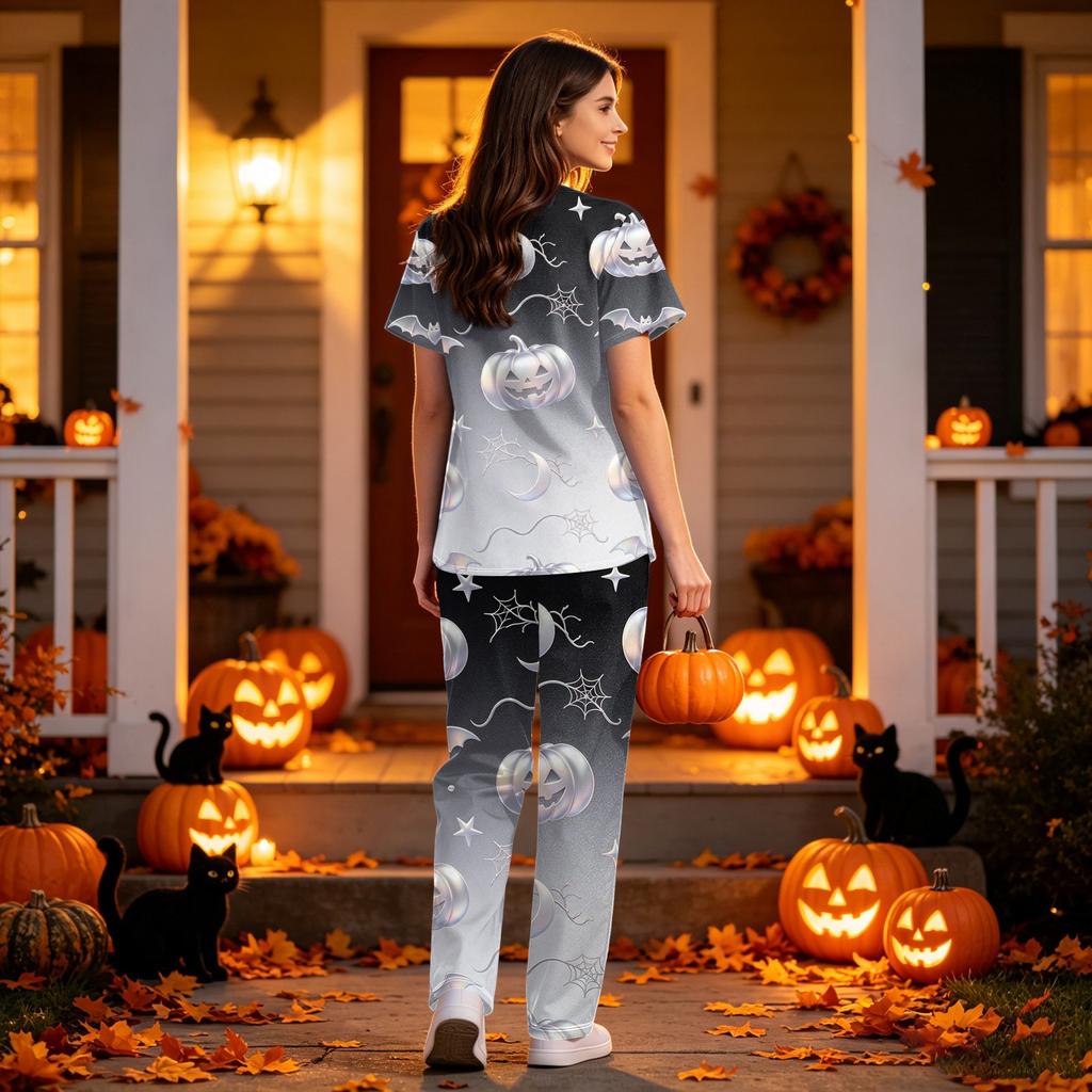 Women's V-Neck Short Sleeve Scrub Set with Pockets, Halloween Print 2-Piece Uniform for Work