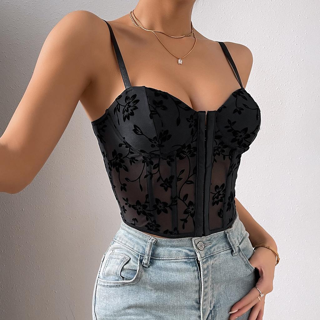 Women's Spice Girls Low-cut See-through Halter Splicing Mesh Fishbone Waistband Short Top