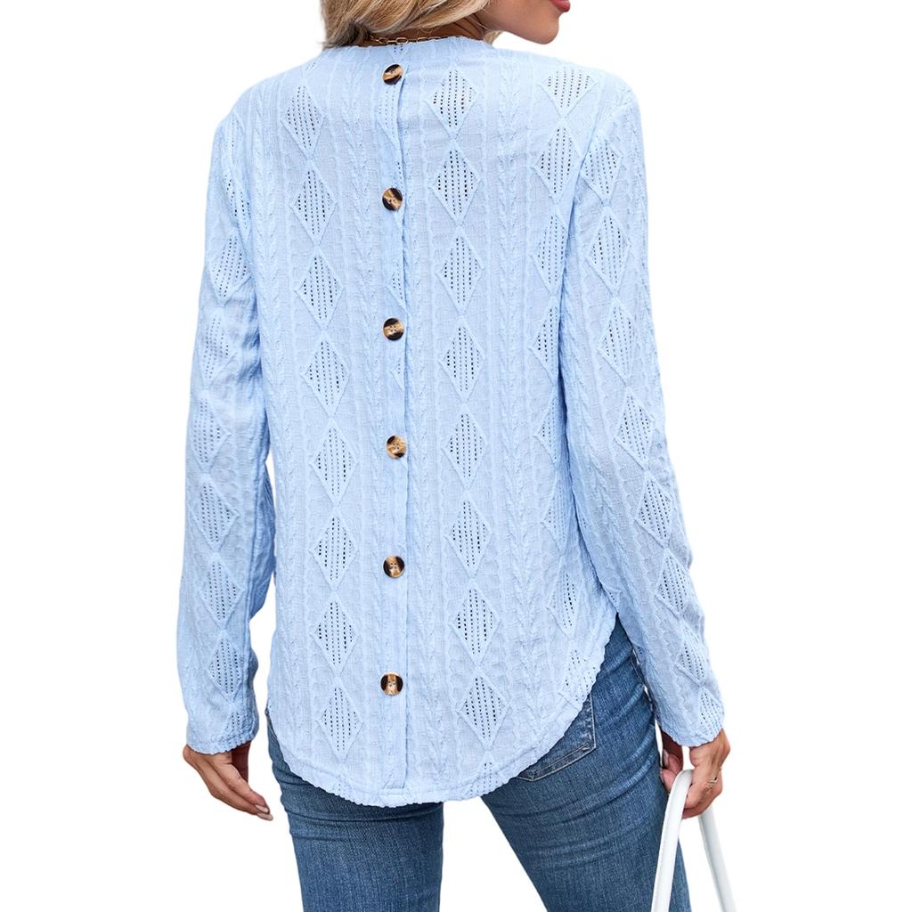 A New Autumn and Winter Casual Round-neck Long-sleeved T-shirt with A Curved Hem and A Button-cut Top for Women