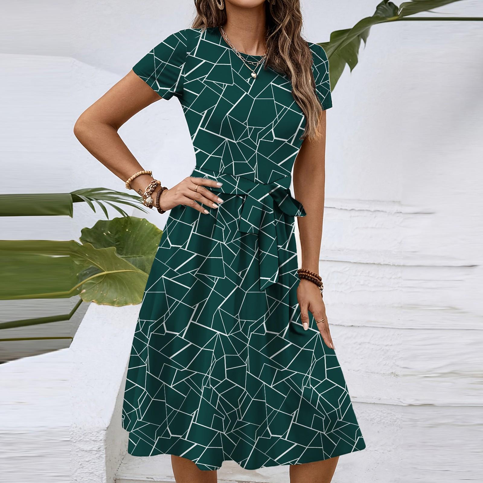 

Женское модное ретро-платье с принтом и цветным поясом L