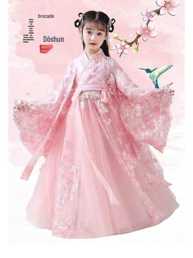 Hanfu Girls' Cherry Blossom Ruqun Dress - Long Sleeve Ancient Chinese Style for Spring & Autumn