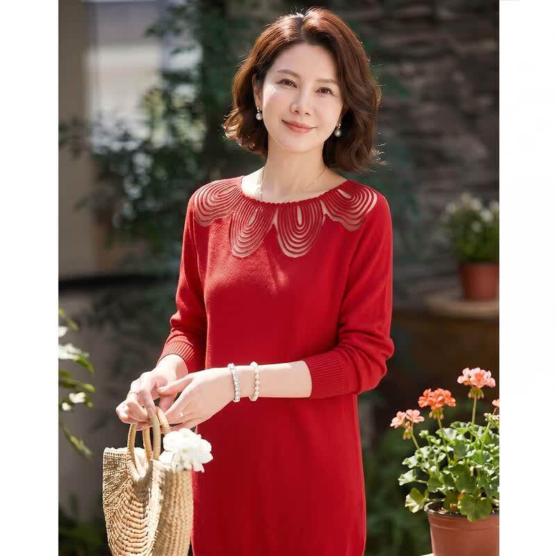 Haoyi Women s Mid-Length Round Neck Lace Knit Top XL багровый