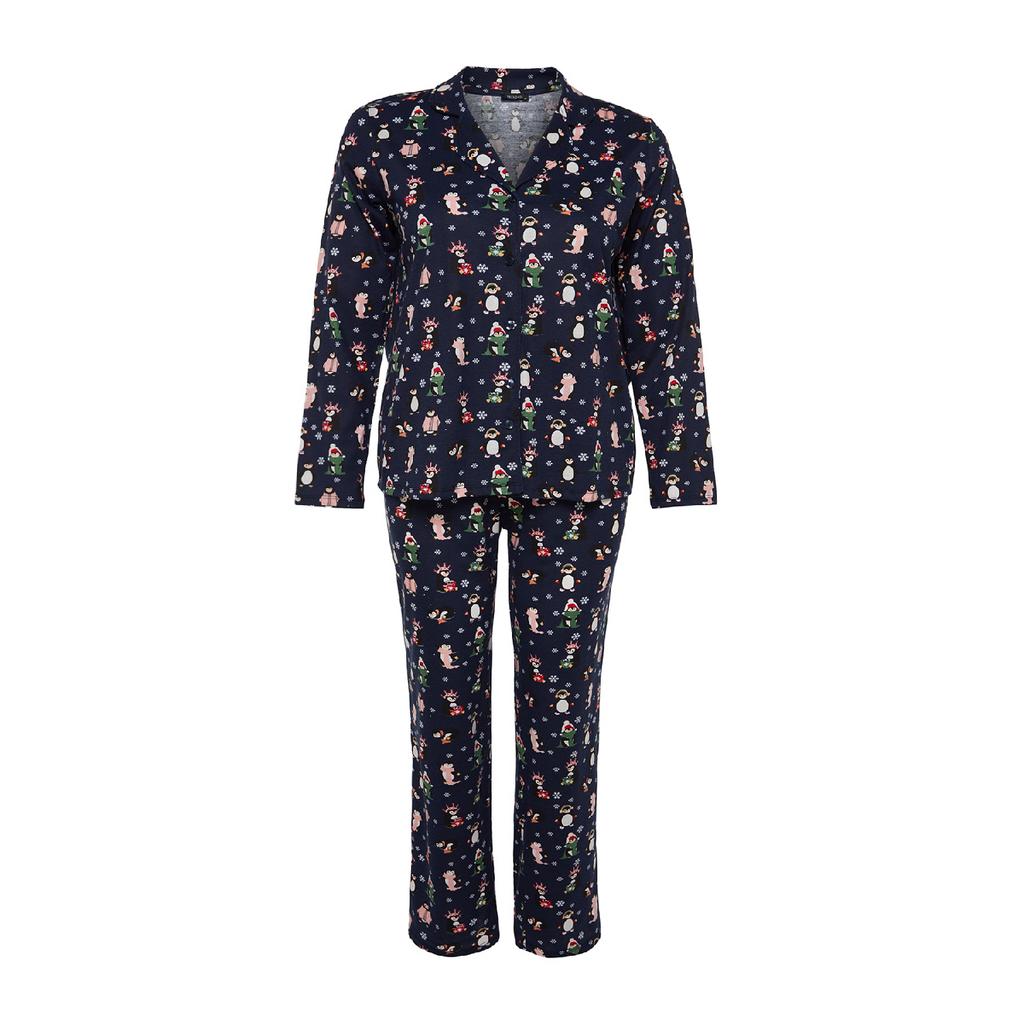 Navy Blue Patterned Knitted Pajama Set Tbbaw24ai00002
