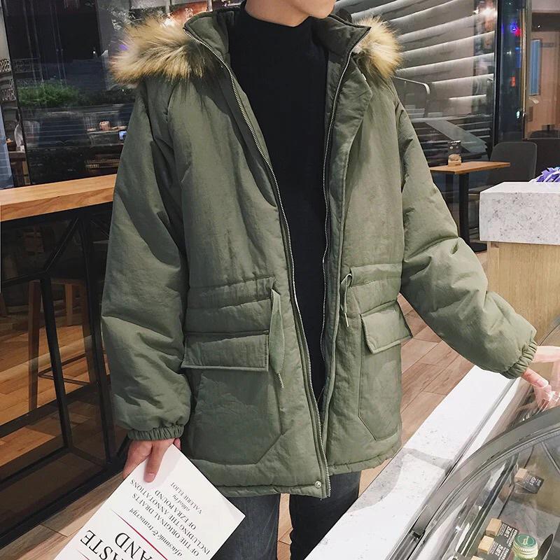 

Men S Thick Hooded Cotton Detachable Fur Collar Cotton Warm Jacket XXL армия зеленый