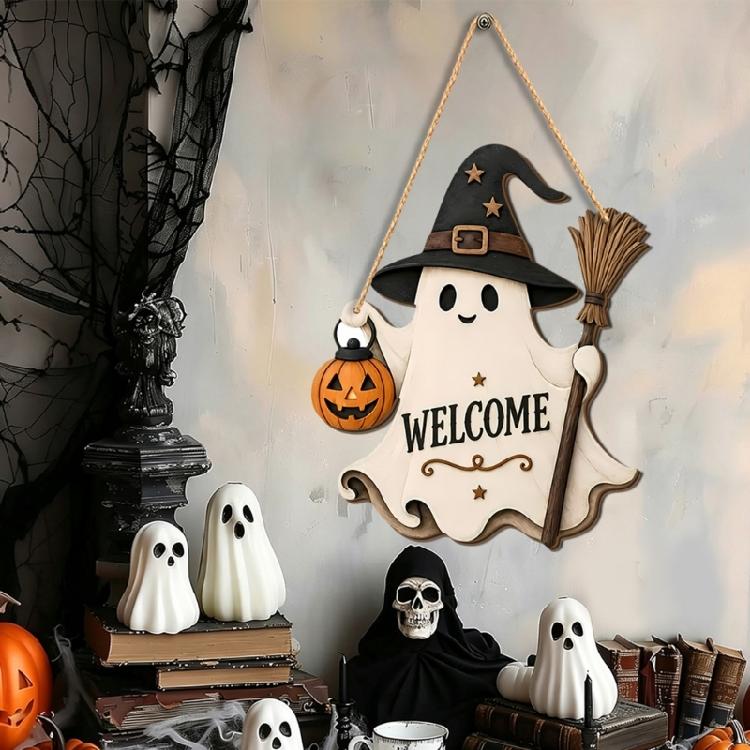 Halloween Porch Wall Sign for Front Door Entryway Display, Funny Wooden Hanging Pendant Accent for Fall Party Setup