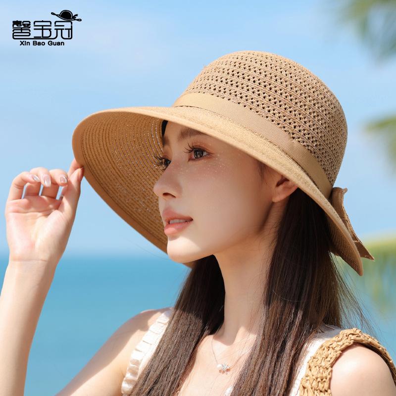 Summer seaside beach sunscreen hat women's fashion bow sun hat big eaves hollow breathable sunshade bucket hat
