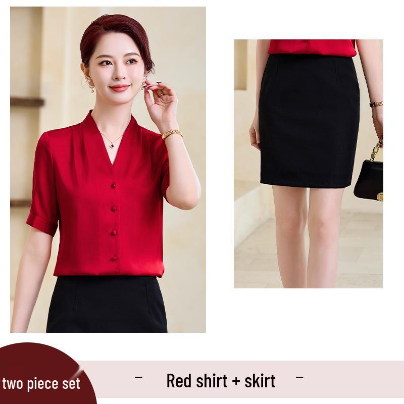 Women's Blue Chiffon V-Neck Shirt - Summer Short-Sleeve Professional Top