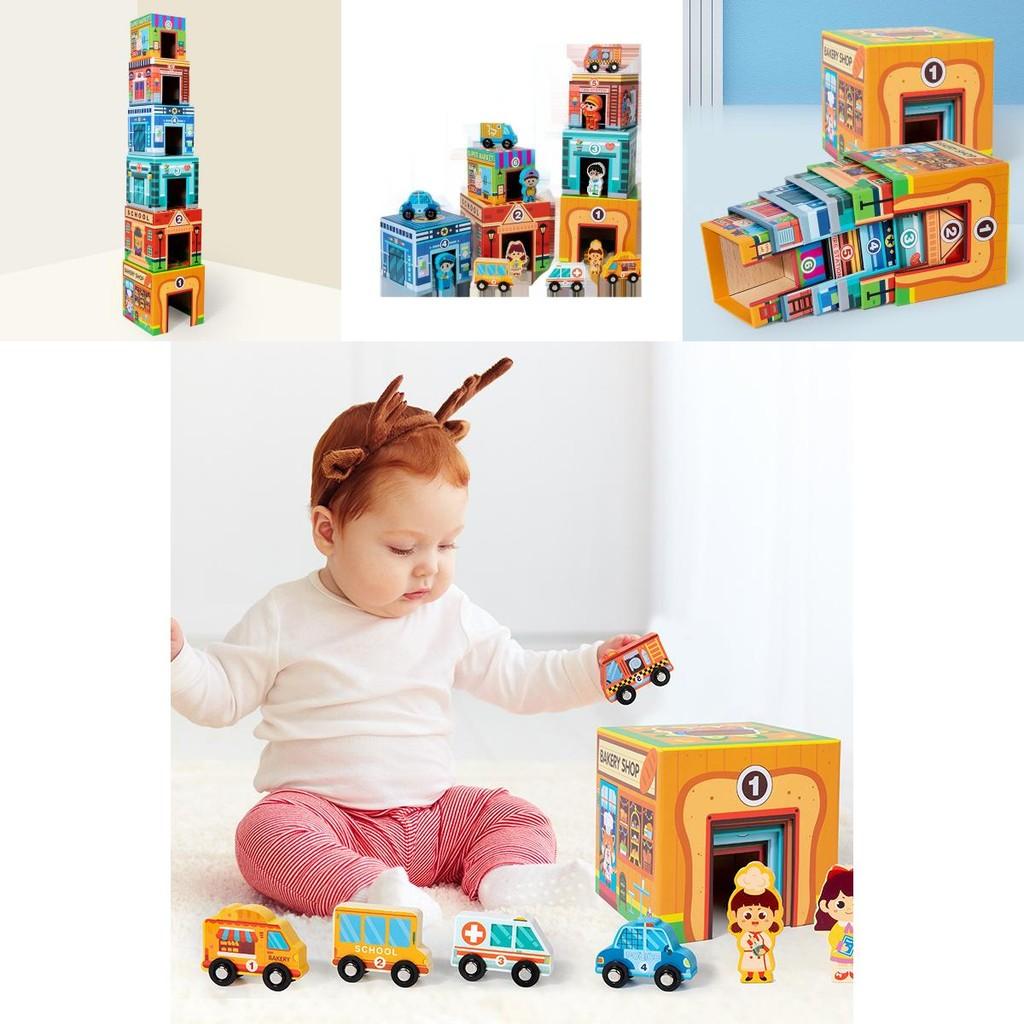 Wooden Stacking Toy Set For Early Education And Logic Development With Traffic Scene For Kids