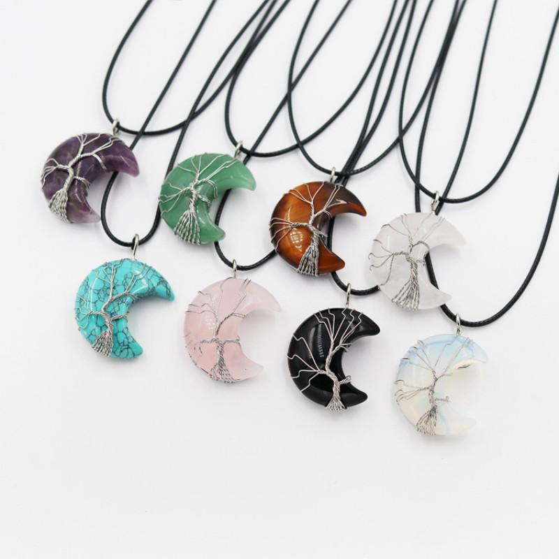 Handcrafted Geometric Moon Pendant Necklace With Natural Stone Wire-Wrapped Tree Design Women