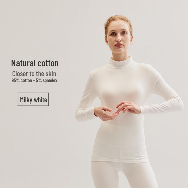 Women's Cotton Mid-Neck Thermal Top - Solid Color, Warm Autumn/Winter Base Layer Shirt
