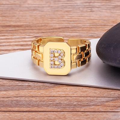 New Arrival Fashion Gold Color Initial Ring Open Design Adjustable Hot Sale Watchband Chain A-Z Letters Zircon Rings For Women