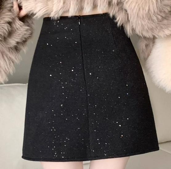 Girls' Sequin Tweed High-Waist A-line Skirt - Irregular Hip-Hugging Design for Autumn/Winter