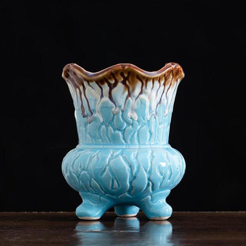 

Креативный голубой глазурованный горшок для суккулентных растений, большой диаметр, дышащий цветочный горшок, ваза с отверстием для сада и домашнего декора