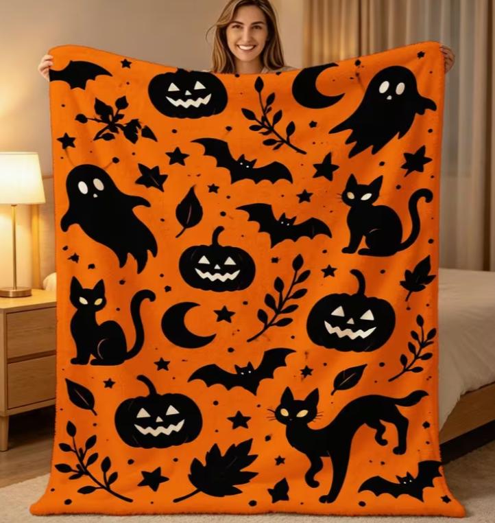 Halloween Fleece Blanket Soft Cozy Throw Pumpkin Cat Bat Bed Sofa Couch Living Room Warm Bedding Gift for Home Holiday Decor