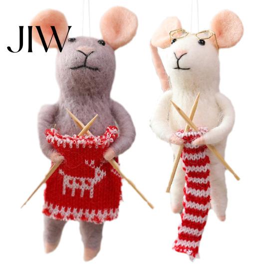 Soft Wool Felt Animal Figurines Christmas Mouse Ornament, Handmade Felted Hanging Decoration, Knitting Theme Xmas Tree Baubles Cute Doll for