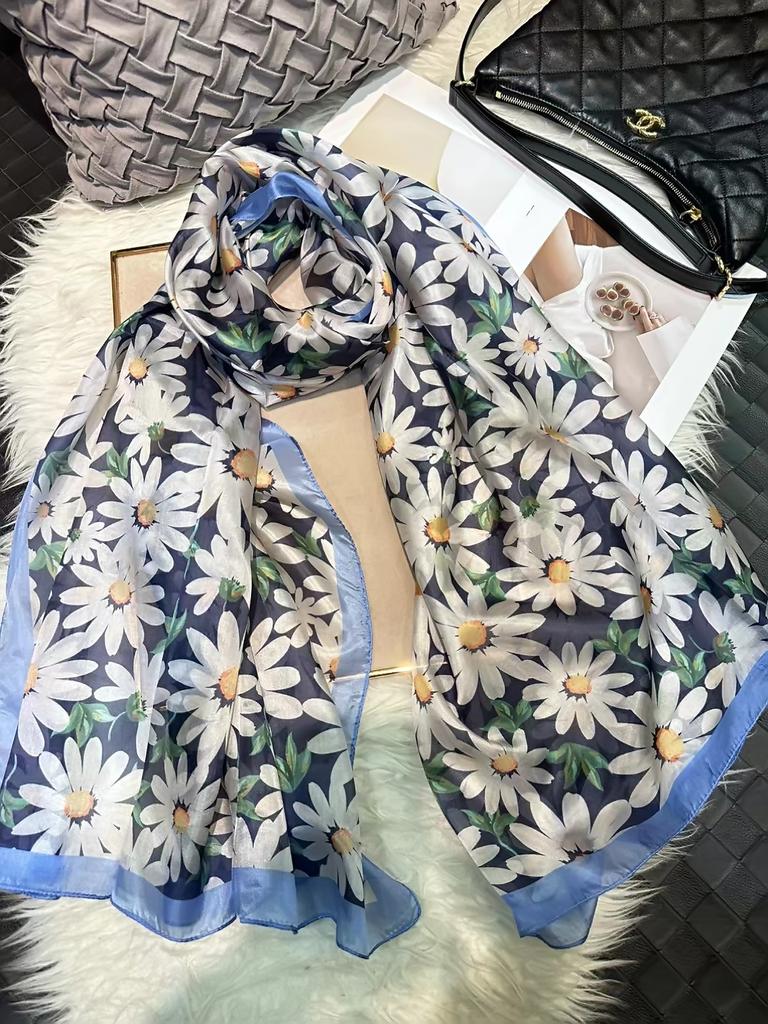 Chinese Rose 100% Silk Scarf Shawl Women Spring Fall Long Scarves Bufanda Summer Beach Shawls Foulard Elegant Winter Blue Scarf