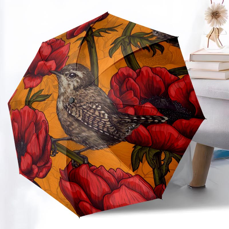 1pc Sturdy 8-Bone Auto Umbrella, Birds In the Branch Umbrella, Digital Printed, Foldable Umbrella for On-the-Go Outdoor Use